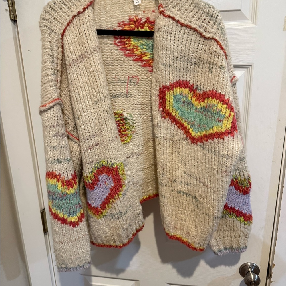 Anthropologie Cream and Red Cardigan with Geometric Trim